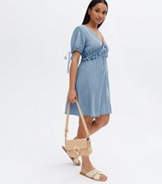 New Look Petite Pale Blue Denim V Neck Puff Sleeve Mini Dress